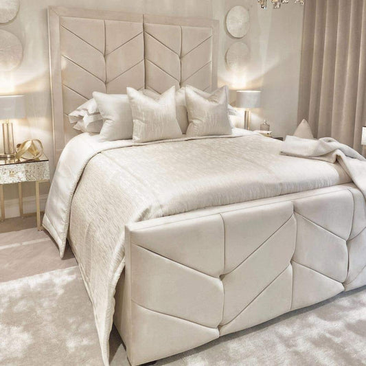 Samiraq Palatial Comfort Broad Panel Bed - Luxury Upholstered Bed Frame in Cream Velvet with 54-Inch Padded Headboard, 24-Inch Footboard, Triple Layer Foam, Optional Gas Lift Storage & Custom Sizes - Free UK Delivery - King