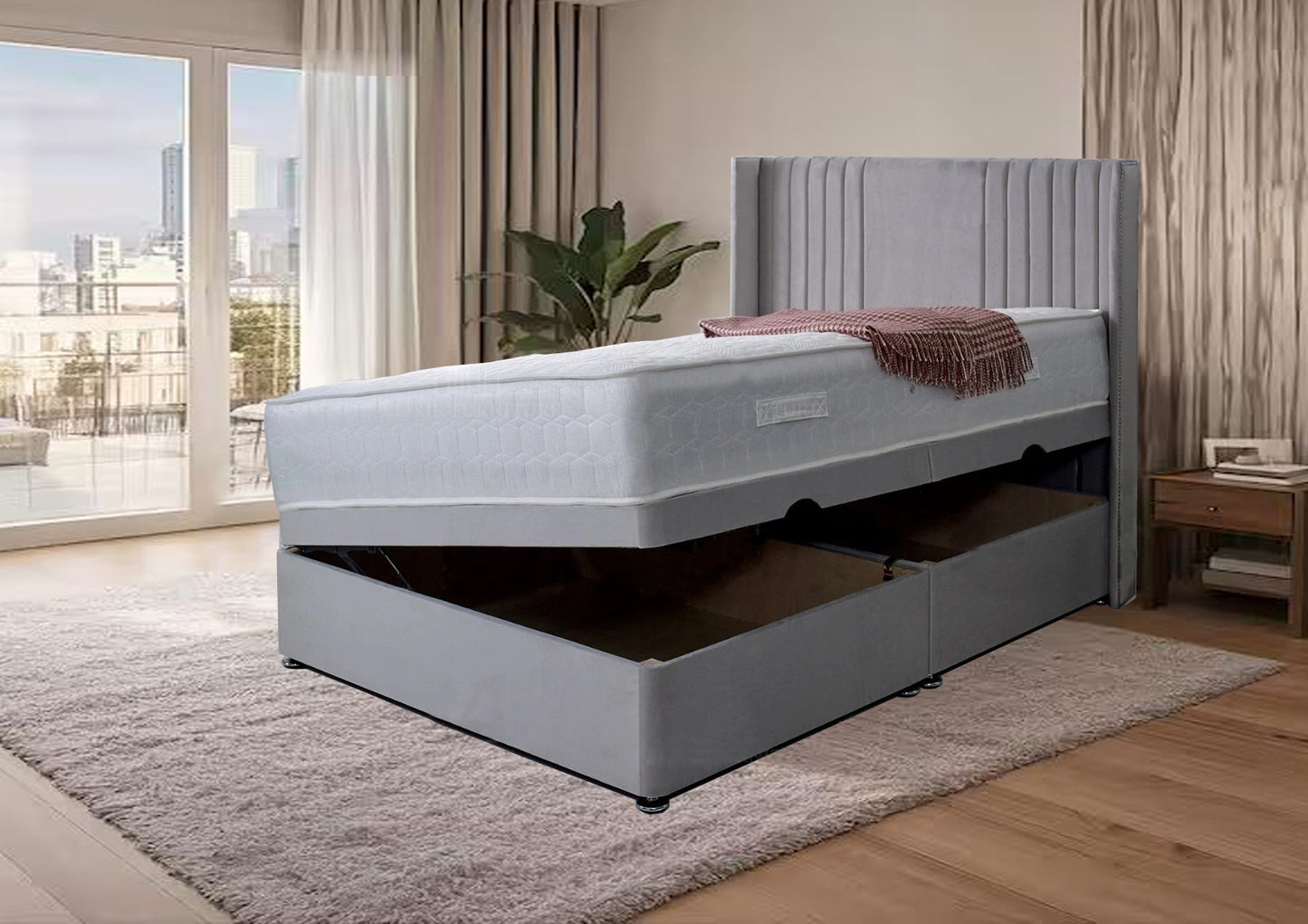 Samiraq Solstice Slumber Storage Ottoman Bed with Designer Wing Back Headboard