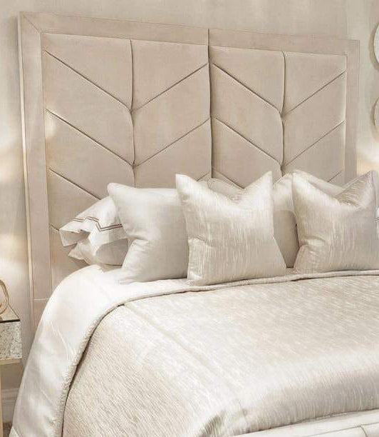 Samiraq Palatial Comfort Broad Panel Bed - Luxury Upholstered Bed Frame in Cream Velvet with 54-Inch Padded Headboard, 24-Inch Footboard, Triple Layer Foam, Optional Gas Lift Storage & Custom Sizes - Free UK Delivery