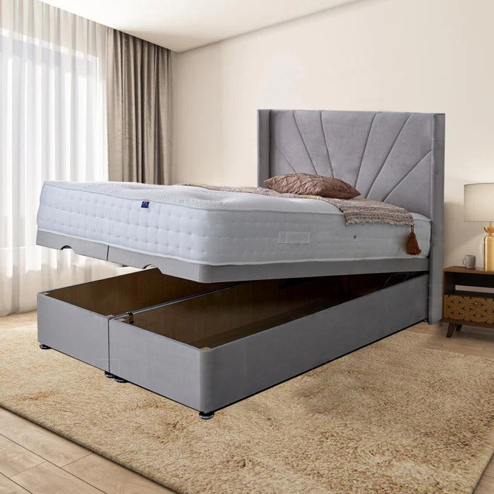 Samiraq Bedrock Bliss Ottoman Storage Bed with Wingback and Sun Raise Designer Headboard