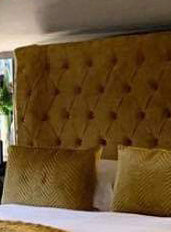 Samiraq Mustard Dreamscape Bed - Chesterfield Bed in Mustard Velvet with 54-Inch Wave Padded Headboard, 10-Inch Footboard, Triple Layer Foam, Optional Gas Lift Storage, Custom Sizes & Free UK Delivery - Perfect for Luxury Bedrooms