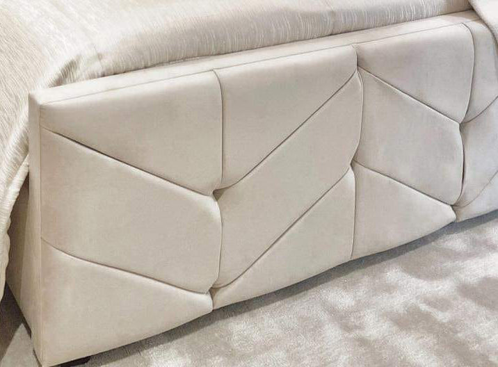 Samiraq Palatial Comfort Broad Panel Bed - Luxury Upholstered Bed Frame in Cream Velvet with 54-Inch Padded Headboard, 24-Inch Footboard, Triple Layer Foam, Optional Gas Lift Storage & Custom Sizes - Free UK Delivery