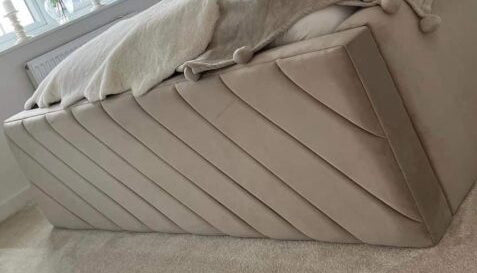 Samiraq Earthly Heaven Bed - Handmade Upholstered Light Brown Velvet Bed with 54-Inch Chanel Slanted Padded Headboard, 24-Inch Footboard, Triple Layer Foam, Optional Gas Lift Storage, Custom Sizes & Free UK Delivery - Perfect for Stylish Bedrooms