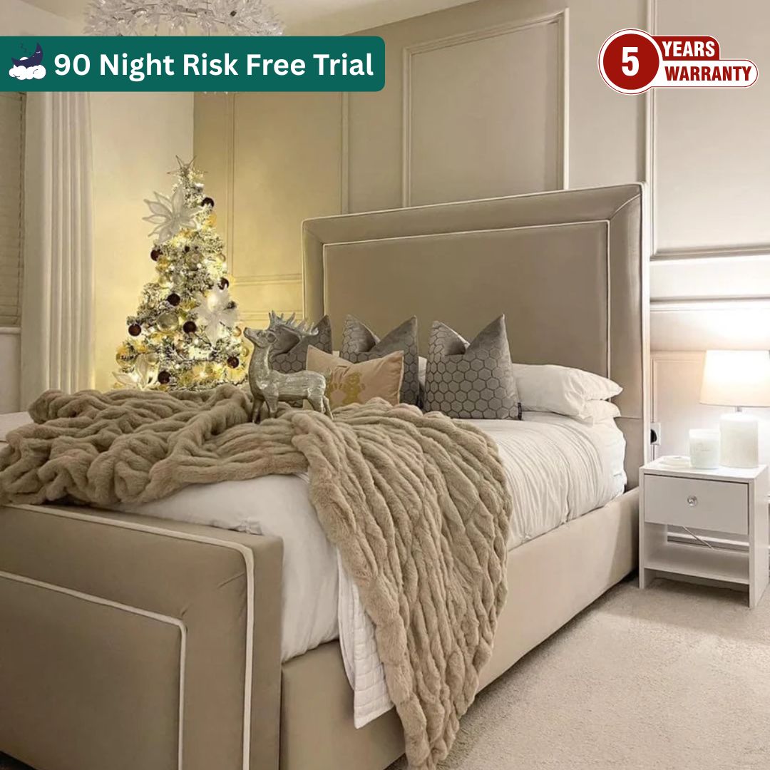 Samiraq Serene Sands Bed - Handmade Upholstered Soap Design Bed in Dark Beige Velvet with 54-Inch Padded Headboard, 24-Inch Footboard, Triple Layer Foam, Optional Gas Lift Storage, Custom Sizes & Free UK Delivery - Perfect for Elegant Bedrooms