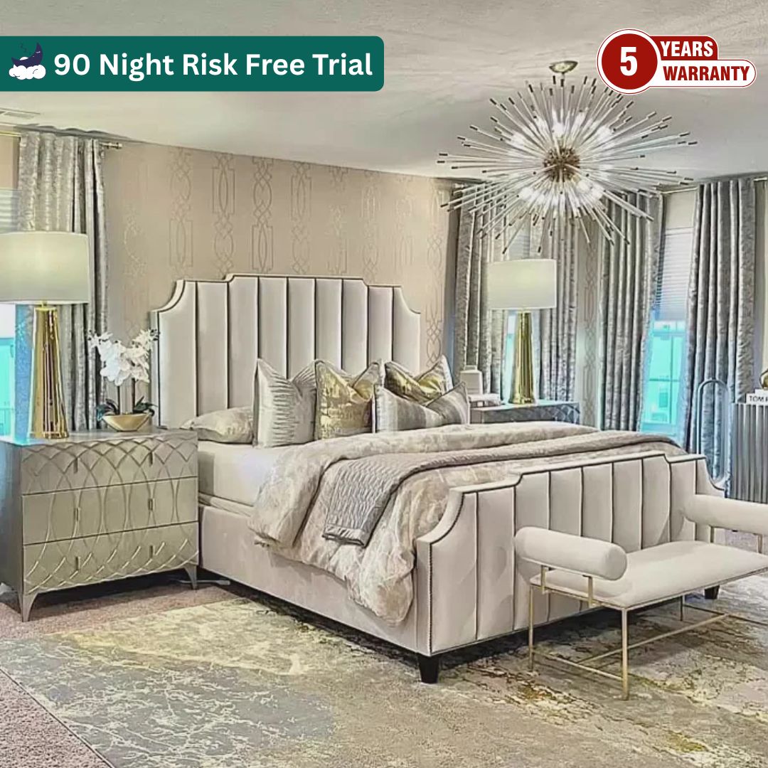 Samiraq Tailored Velvet Contour Bed - Handmade Upholstered Designer Bed in Cream Velvet with 48-Inch Chanel Padded Edge Cut Headboard, 24-Inch Footboard, Triple Layer Foam, Optional Gas Lift Storage, Custom Sizes & Free UK Delivery