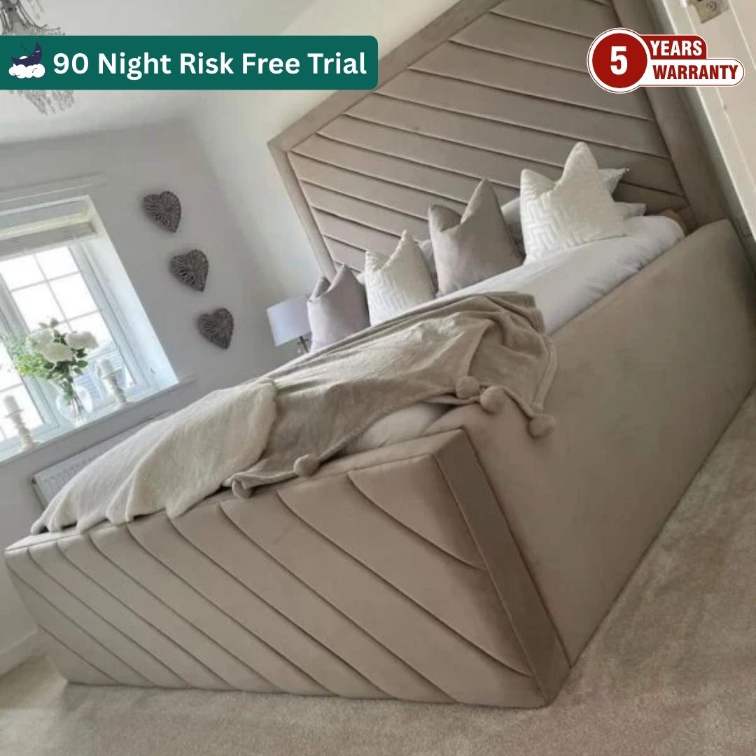 Samiraq Earthly Heaven Bed - Handmade Upholstered Light Brown Velvet Bed with 54-Inch Chanel Slanted Padded Headboard, 24-Inch Footboard, Triple Layer Foam, Optional Gas Lift Storage, Custom Sizes & Free UK Delivery - Perfect for Stylish Bedrooms