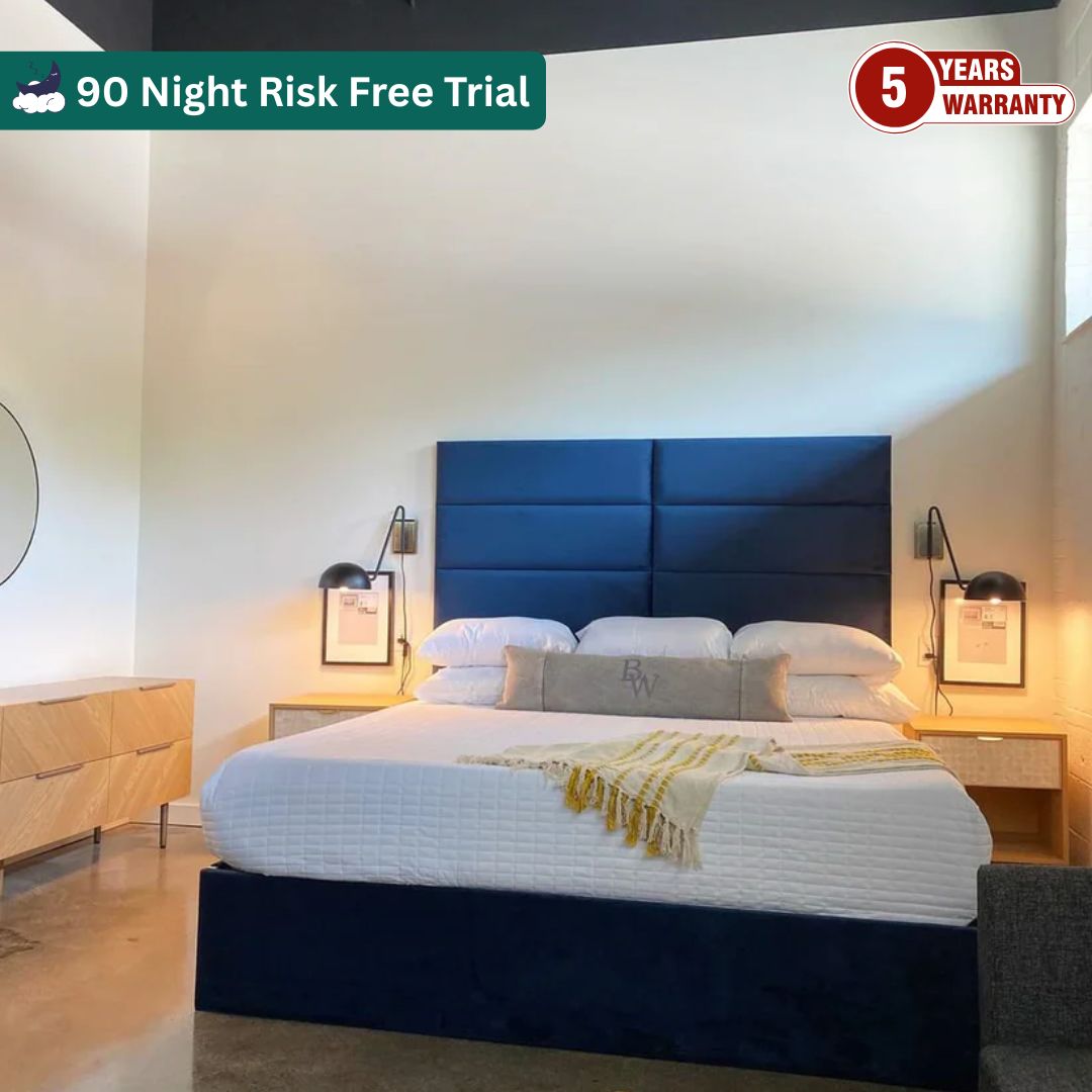 Royal Blue Lagoon Bed - Handmade Upholstered Designer Panel Bed in Royal Blue Velvet with 48-Inch Broad Checker Padded Headboard, 24-Inch Footboard, Triple Layer Foam, Optional Gas Lift Storage, Custom Sizes & Free UK Delivery