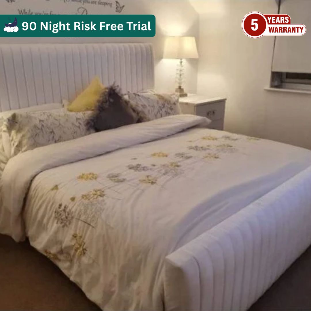 Ice Mist Bed - Handmade Upholstered Designer Panel Bed in Ice Color Velvet with 52-Inch Padded Headboard, 24-Inch Curved Footboard, Triple Layer Foam, Optional Gas Lift Storage, Custom Sizes & Free UK Delivery - Perfect for Elegant Bedrooms