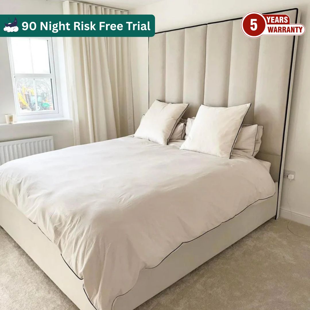 Samiraq Tranquil Taupe Bed - Handmade Upholstered Broad Panel Bed in Beige Velvet with 58-Inch Padded Headboard featuring Black Border, 10-Inch Footboard, Triple Layer Foam, Optional Gas Lift Storage, Custom Sizes & Free UK Delivery