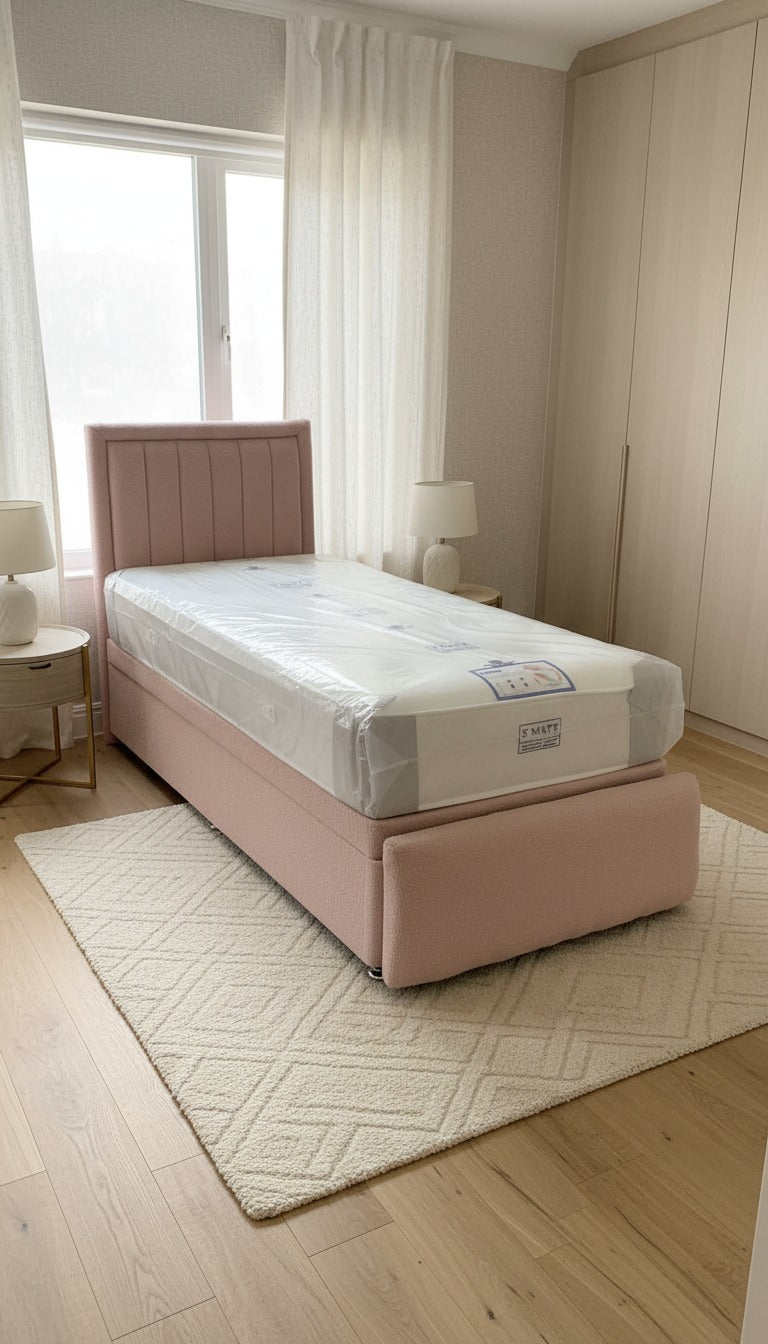 Teddy Boucle Leyla Panel Bed – Side Lift Ottoman Base | Stylish Storage Bed