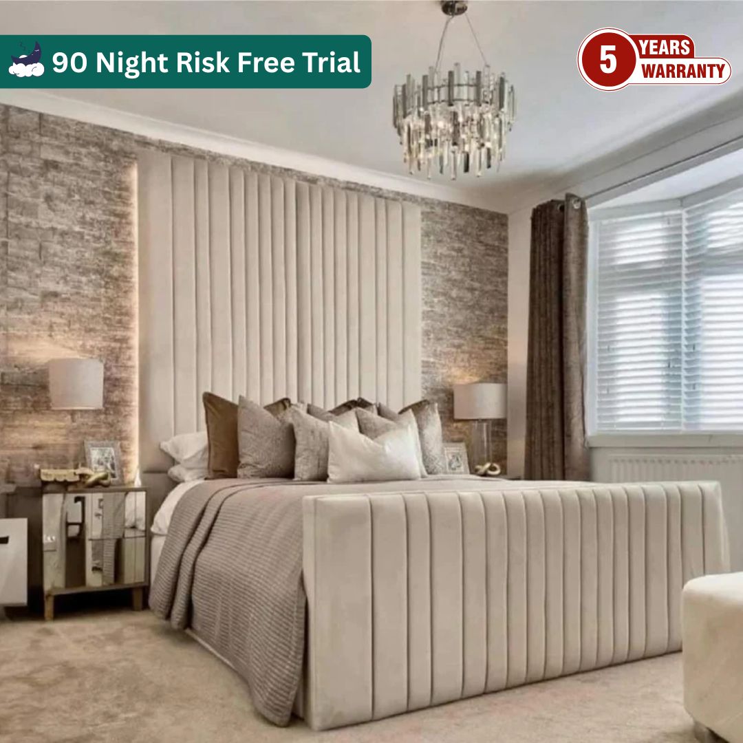 Samiraq Burj Elegant Panel Bed - Luxury Upholstered Bed Frame in Cream Velvet with 70-Inch Padded Headboard, 24-Inch Footboard, Triple Layer Foam, Optional Gas Lift Storage & Custom Sizes - Free UK Delivery