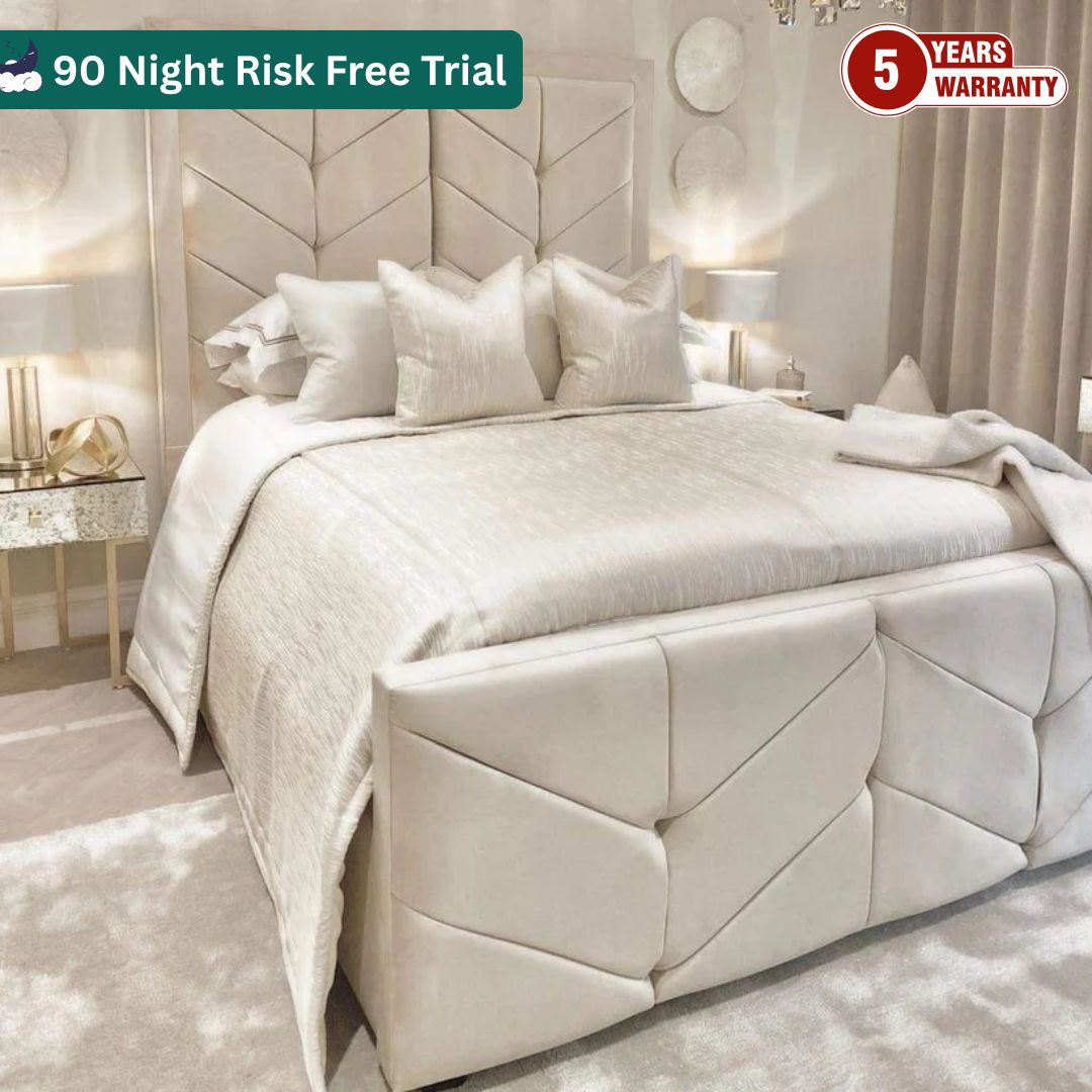 Samiraq Palatial Comfort Broad Panel Bed - Luxury Upholstered Bed Frame in Cream Velvet with 54-Inch Padded Headboard, 24-Inch Footboard, Triple Layer Foam, Optional Gas Lift Storage & Custom Sizes - Free UK Delivery