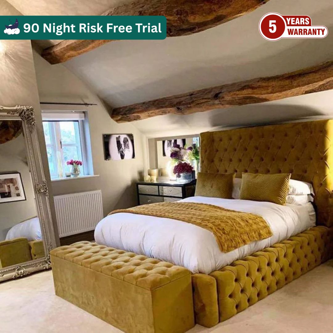 Samiraq Mustard Dreamscape Bed - Chesterfield Bed in Mustard Velvet with 54-Inch Wave Padded Headboard, 10-Inch Footboard, Triple Layer Foam, Optional Gas Lift Storage, Custom Sizes & Free UK Delivery - Perfect for Luxury Bedrooms