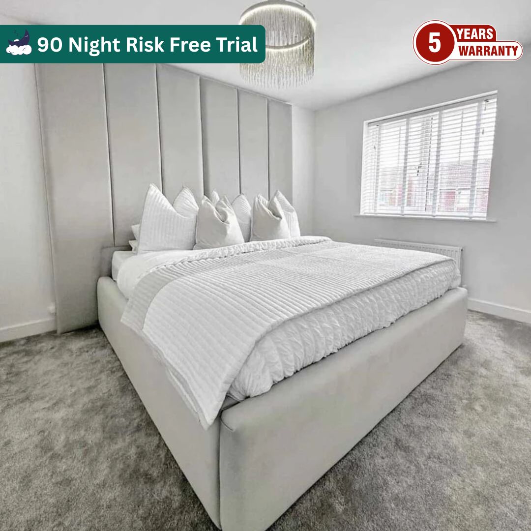 Samiraq Grey Majestic Bed - Handmade Upholstered Broad Panel Bed in Cream Velvet with 60-Inch Padded Headboard, 10-Inch Footboard, Triple Layer Foam, Optional Gas Lift Storage, Custom Sizes & Free UK Delivery - Perfect for Luxurious Bedrooms