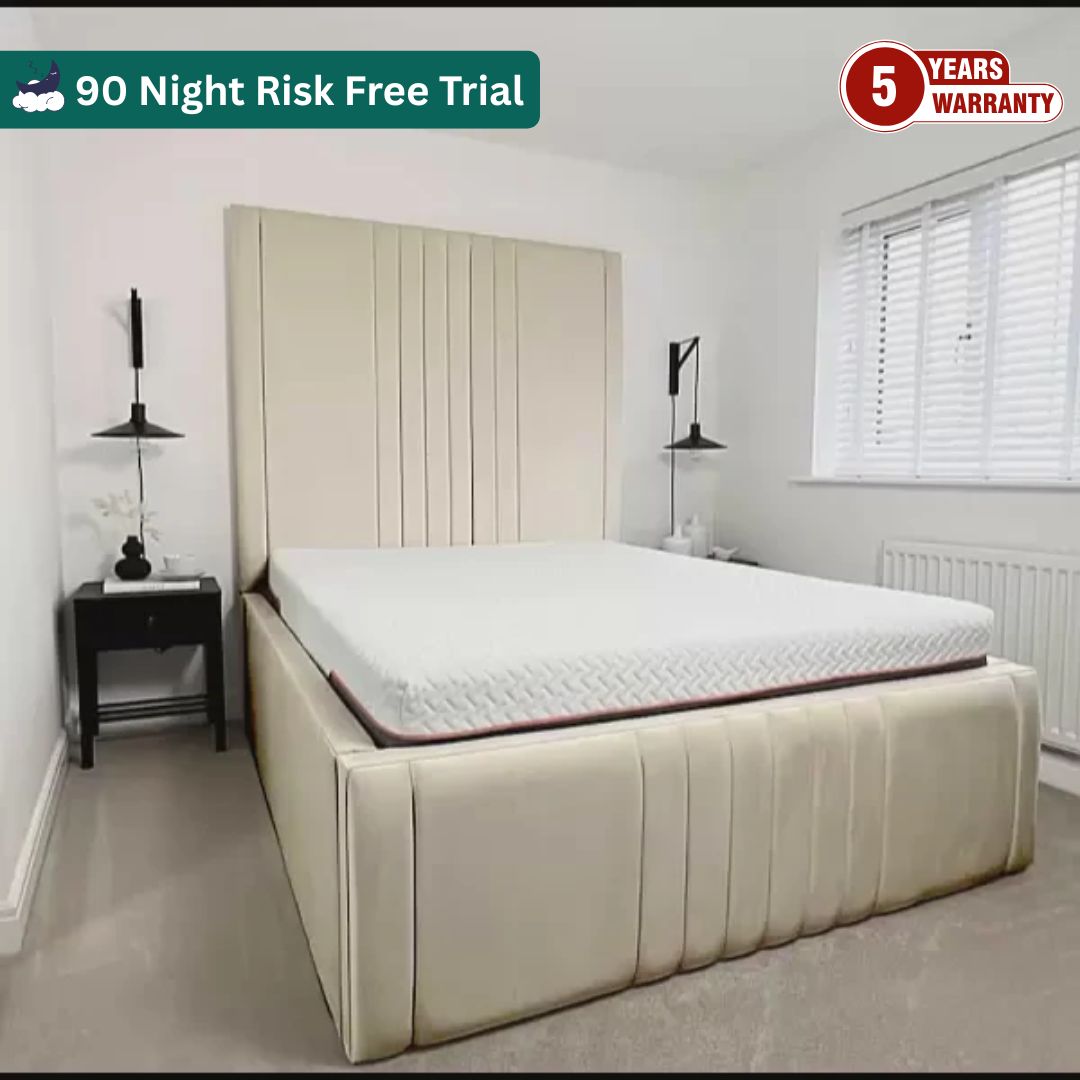 Samiraq Cozy Creamy Aura Bed - Handmade Upholstered Panel Bed in Cream Velvet with 72-Inch Designer Padded Headboard, 24-Inch Footboard, Triple Layer Foam, Optional Gas Lift Storage, Custom Sizes & Free UK Delivery - Perfect for Elegant Bedrooms