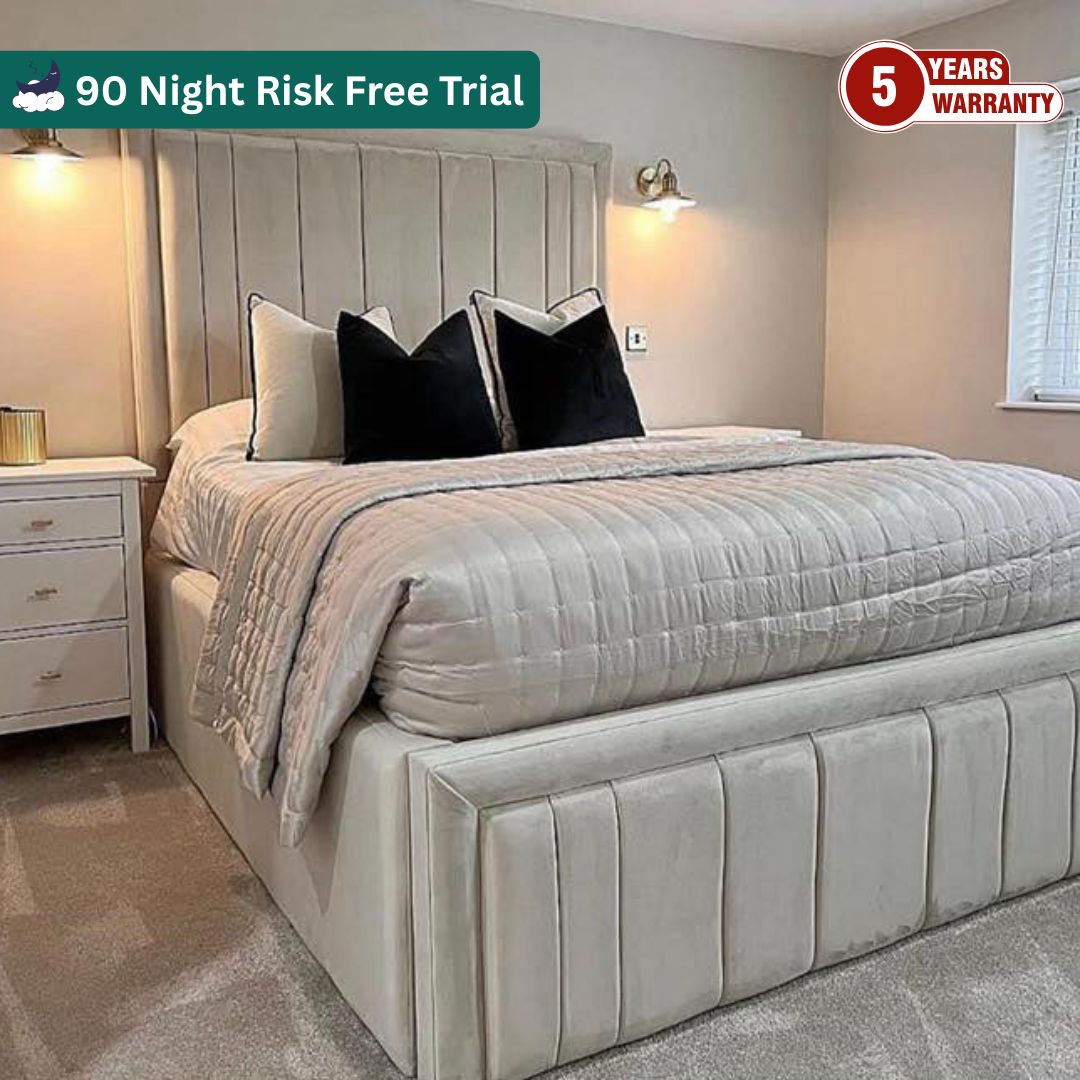 Samiraq Creamy Comfort Bed - Handmade Upholstered Panel Bed in Plush Velvet with 54-Inch Padded Headboard, 18-Inch Footboard, Triple Layer Foam, Optional Gas Lift Storage, Custom Sizes & Free UK Delivery - Perfect for Elegant Bedrooms