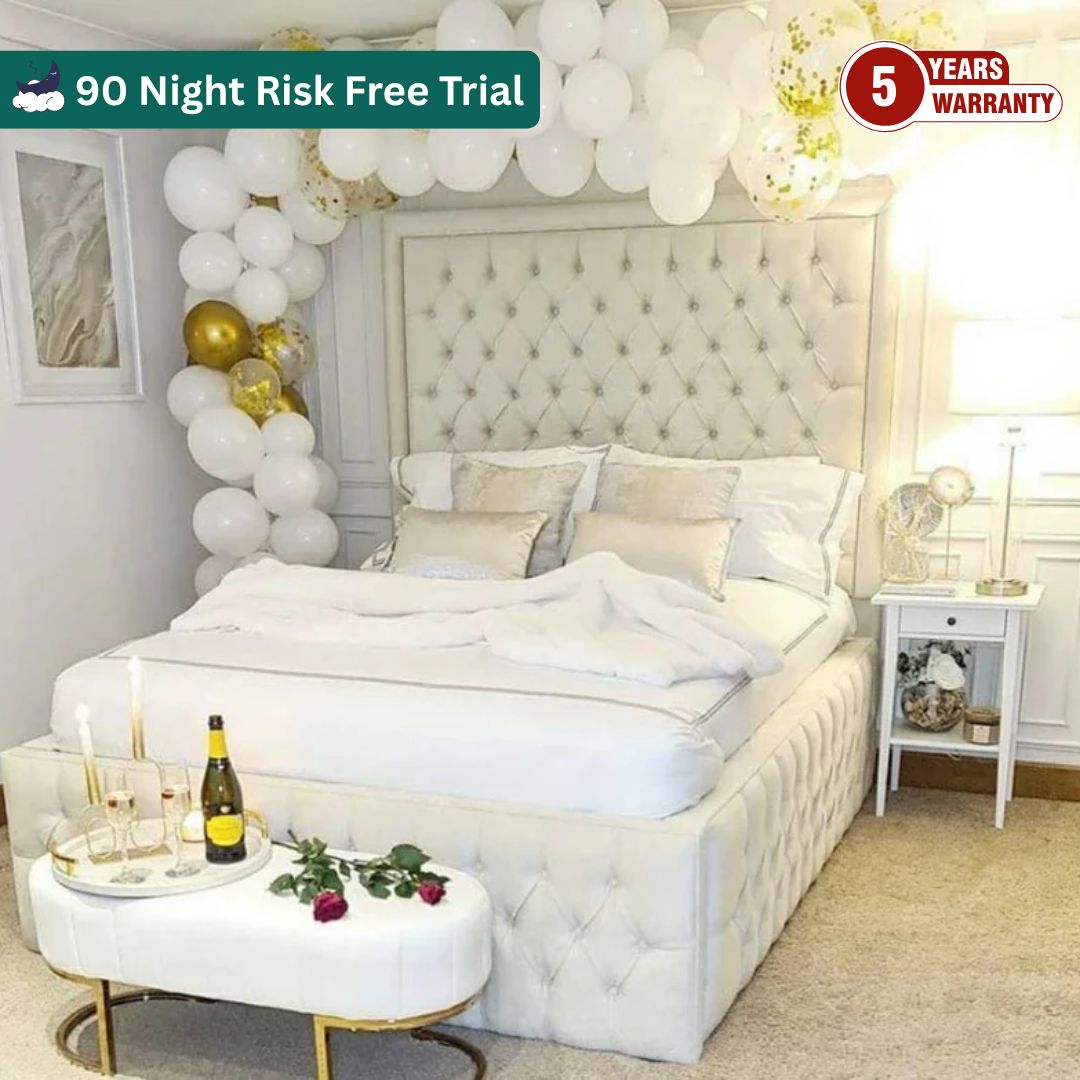 Samiraq Creamy Structured Beadwork and Diamonds Chesterfield Bed - Luxury Upholstered Bed Frame in Plush 1200 GSM Spanish Velvet with 54-Inch Chesterfield Padded Headboard, 10-Inch Footboard, Optional Gas Lift Storage & Custom Sizes - Free UK Delivery