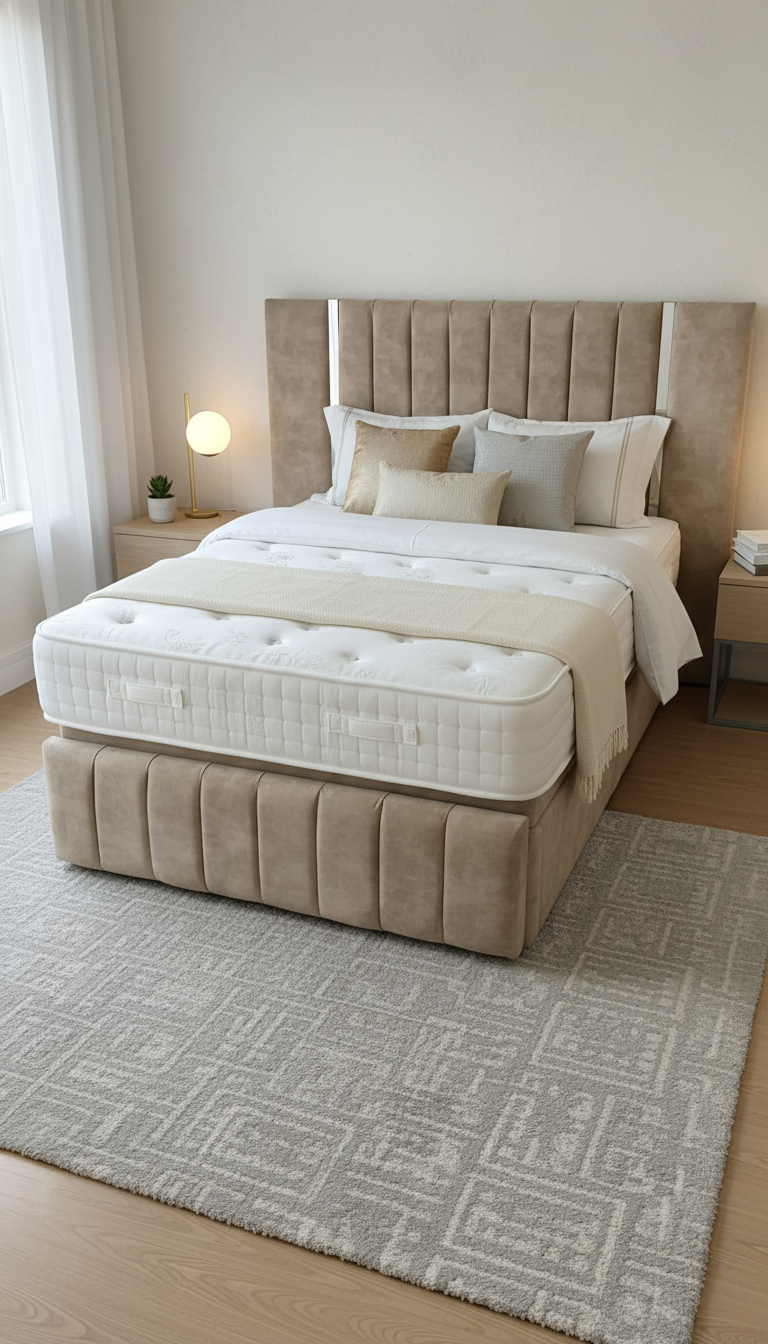 Virginia Wide Headboard Mirrored Panel Bed – Gas Lift Ottoman | Solid Storage