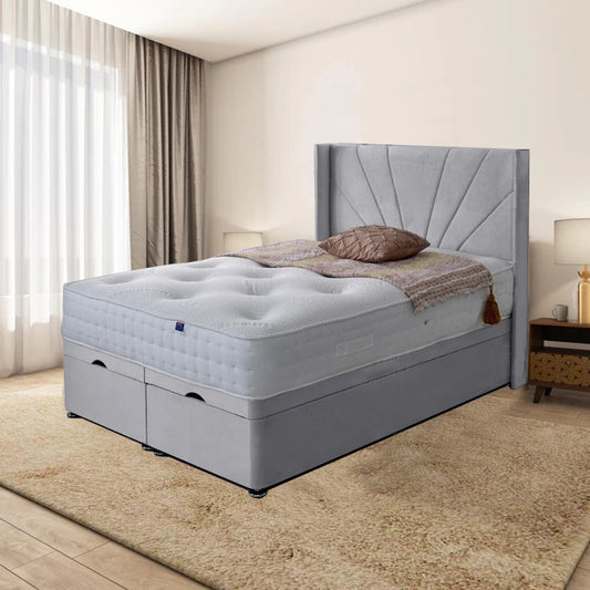 Samiraq Bedrock Bliss Ottoman Storage Bed with Wingback and Sun Raise Designer Headboard