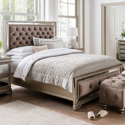 Samiraq Radiant Reverie Bed: Luxurious Mirror Chesterfield Design with Almond Velvet Upholstery and Versatile Storage Solutions