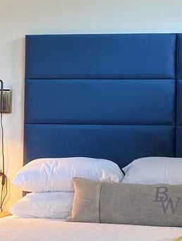 Royal Blue Lagoon Bed - Handmade Upholstered Designer Panel Bed in Royal Blue Velvet with 48-Inch Broad Checker Padded Headboard, 24-Inch Footboard, Triple Layer Foam, Optional Gas Lift Storage, Custom Sizes & Free UK Delivery