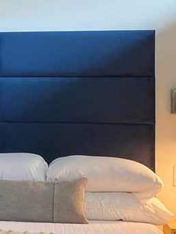 Royal Blue Lagoon Bed - Handmade Upholstered Designer Panel Bed in Royal Blue Velvet with 48-Inch Broad Checker Padded Headboard, 24-Inch Footboard, Triple Layer Foam, Optional Gas Lift Storage, Custom Sizes & Free UK Delivery