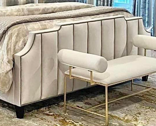 Samiraq Tailored Velvet Contour Bed - Handmade Upholstered Designer Bed in Cream Velvet with 48-Inch Chanel Padded Edge Cut Headboard, 24-Inch Footboard, Triple Layer Foam, Optional Gas Lift Storage, Custom Sizes & Free UK Delivery