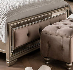 Samiraq Radiant Reverie Bed: Luxurious Mirror Chesterfield Design with Almond Velvet Upholstery and Versatile Storage Solutions