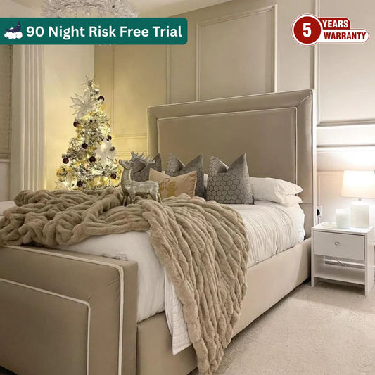 Samiraq Serene Sands Bed - Handmade Upholstered Soap Design Bed in Dark Beige Velvet with 54-Inch Padded Headboard, 24-Inch Footboard, Triple Layer Foam, Optional Gas Lift Storage, Custom Sizes & Free UK Delivery - Perfect for Elegant Bedrooms