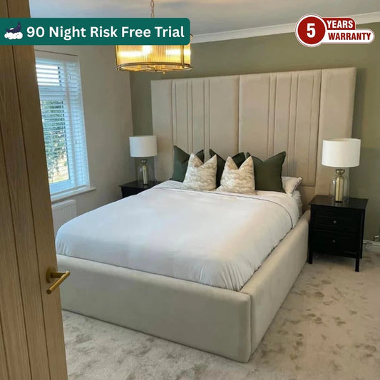 Samiraq Plush Heritage Bed - Handmade Upholstered Panel Bed in Cream Velvet with 52-Inch Padded Headboard, Triple Layer Foam, Optional Gas Lift Storage, Custom Sizes & Free UK Delivery - Perfect for Double, King Size & Kids Bedrooms