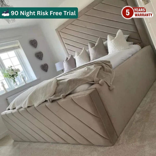 Samiraq Earthly Heaven Bed - Handmade Upholstered Light Brown Velvet Bed with 54-Inch Chanel Slanted Padded Headboard, 24-Inch Footboard, Triple Layer Foam, Optional Gas Lift Storage, Custom Sizes & Free UK Delivery - Perfect for Stylish Bedrooms