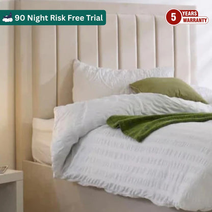 Samiraq Iris Bed - Handmade Upholstered Panel Bed in Cream Velvet with 52-Inch Padded Headboard, 24-Inch Footboard, Triple Layer Foam, Optional Gas Lift Storage, Custom Sizes & Free UK Delivery - Perfect for Elegant Bedrooms