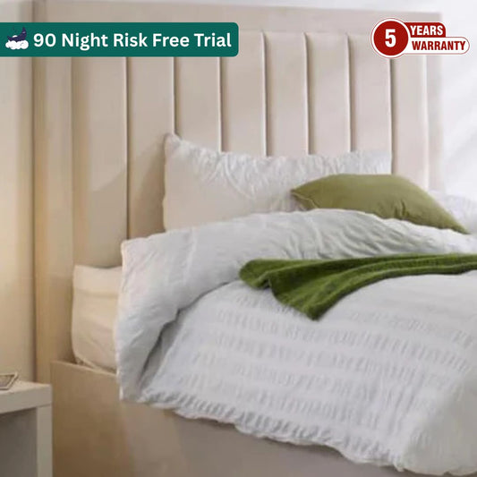 Samiraq Iris Bed - Handmade Upholstered Panel Bed in Cream Velvet with 52-Inch Padded Headboard, 24-Inch Footboard, Triple Layer Foam, Optional Gas Lift Storage, Custom Sizes & Free UK Delivery - Perfect for Elegant Bedrooms