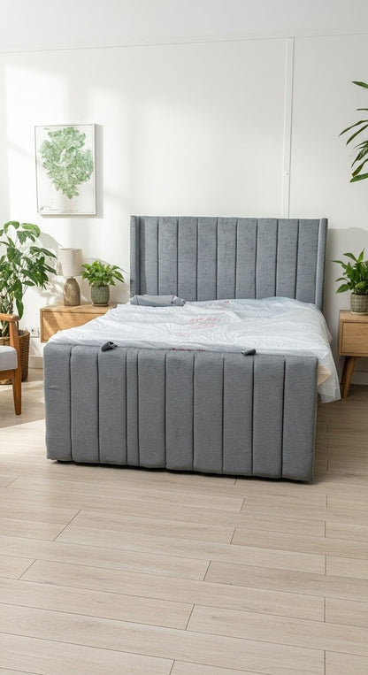 Luxurious Yorkshire Wing Back Bed – Chenille 2-Tone Grey | Ottoman Divan | Chrome Feet