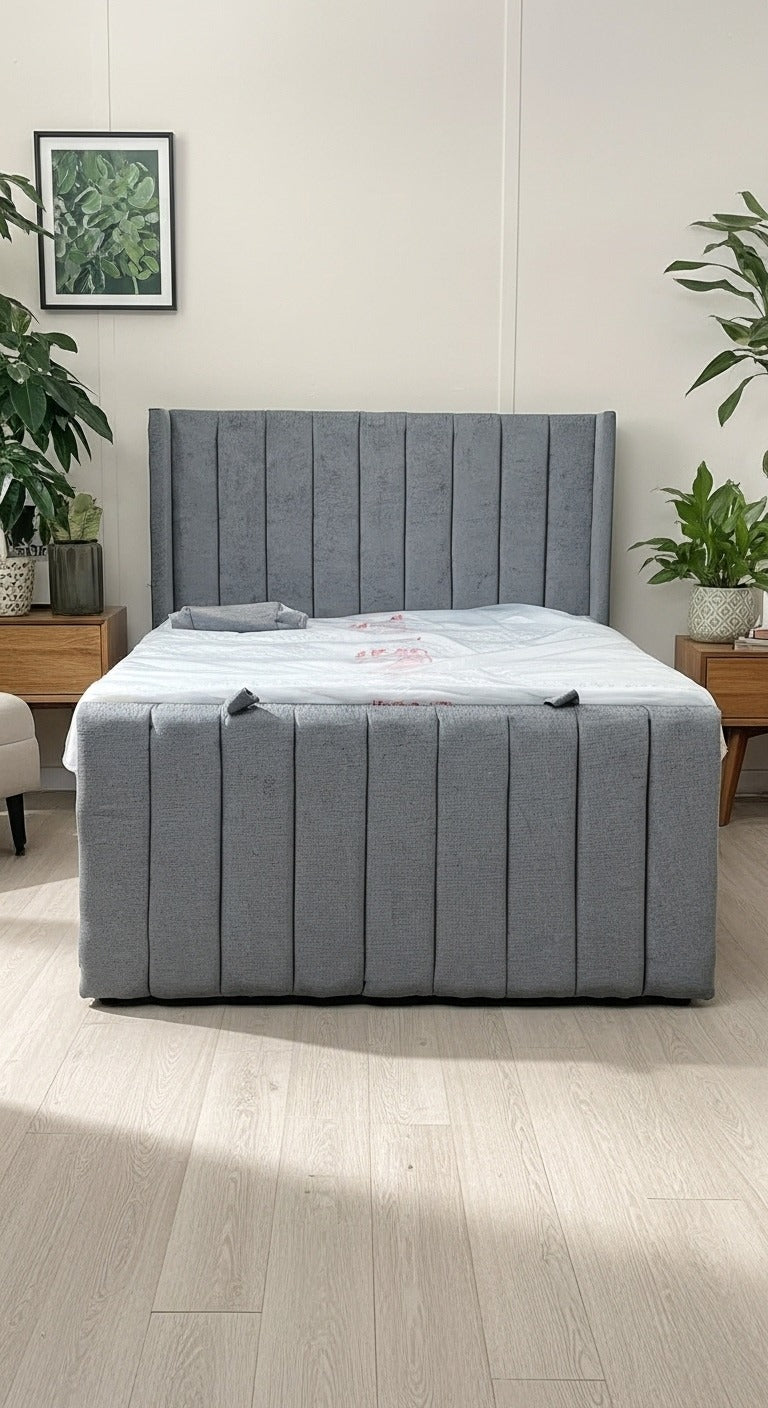 Luxurious Yorkshire Wing Back Bed – Chenille 2-Tone Grey | Ottoman Divan | Chrome Feet