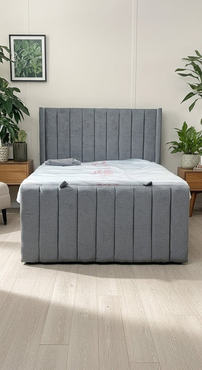 Luxurious Yorkshire Wing Back Bed – Chenille 2-Tone Grey | Ottoman Divan | Chrome Feet