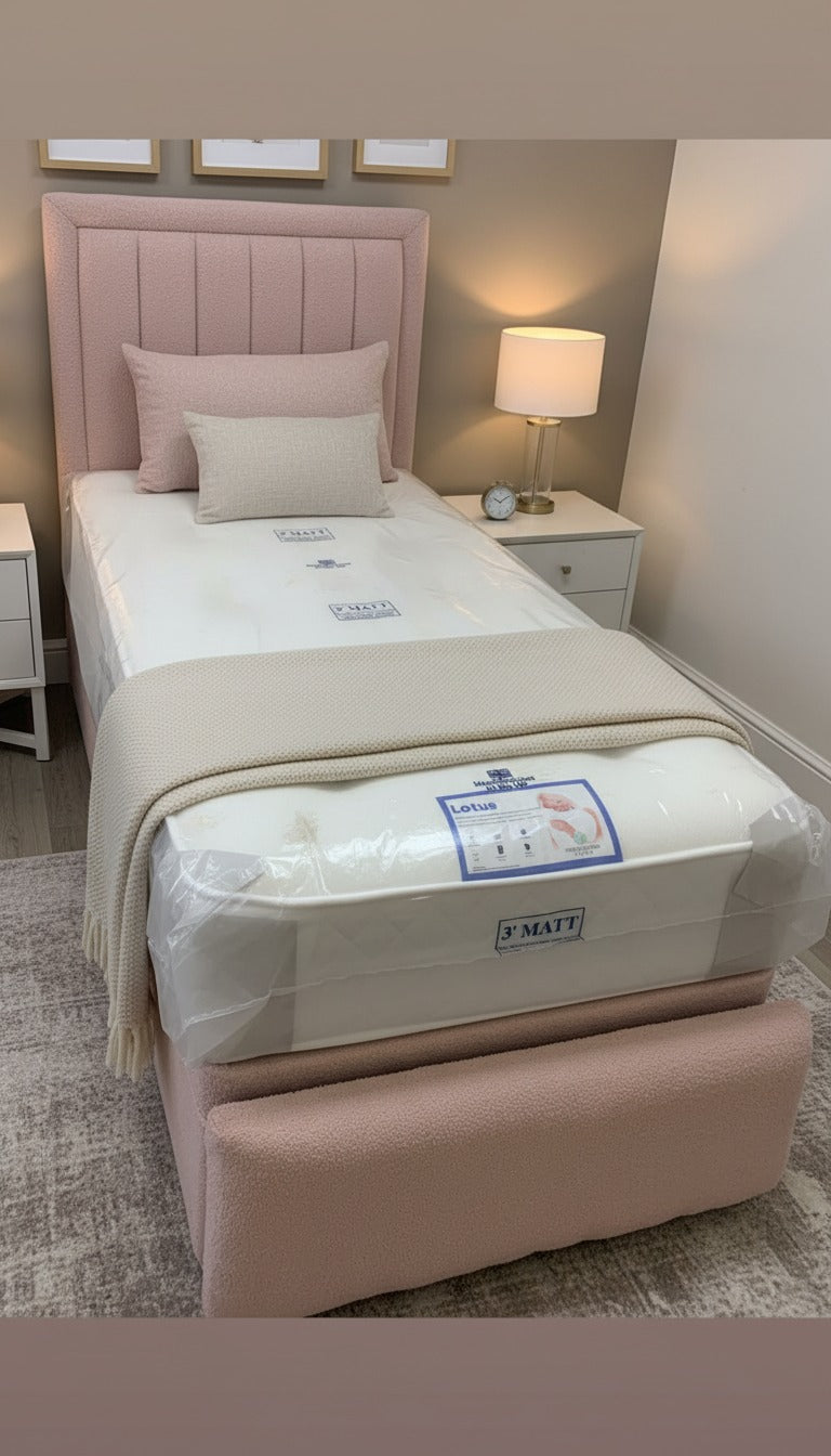 Teddy Boucle Leyla Panel Bed – Side Lift Ottoman Base | Stylish Storage Bed