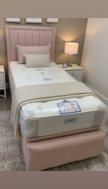 Teddy Boucle Leyla Panel Bed – Side Lift Ottoman Base | Stylish Storage Bed