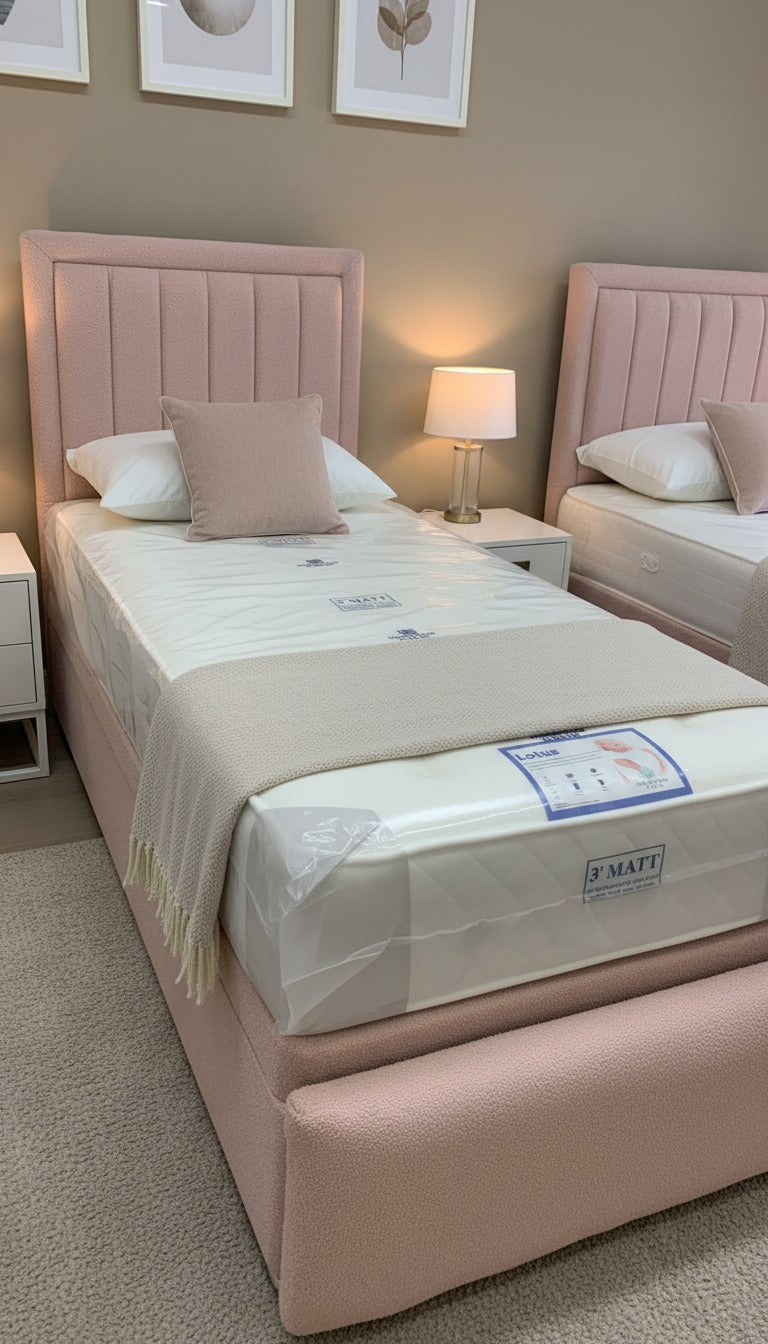 Teddy Boucle Leyla Panel Bed – Side Lift Ottoman Base | Stylish Storage Bed