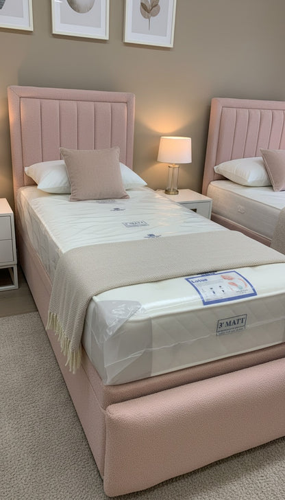 Teddy Boucle Leyla Panel Bed – Side Lift Ottoman Base | Stylish Storage Bed