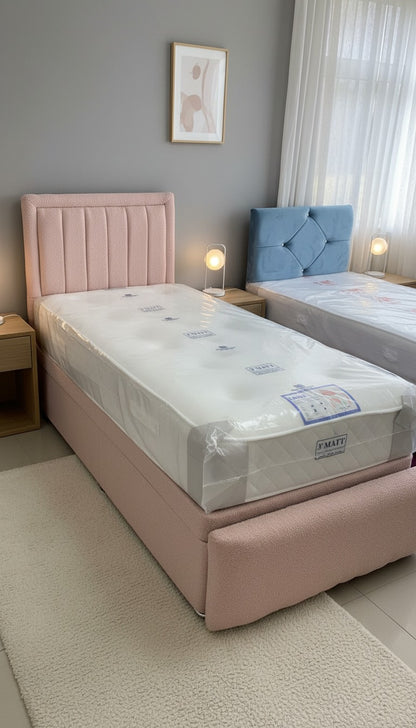 Teddy Boucle Leyla Panel Bed – Side Lift Ottoman Base | Stylish Storage Bed