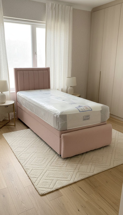 Teddy Boucle Leyla Panel Bed – Side Lift Ottoman Base | Stylish Storage Bed