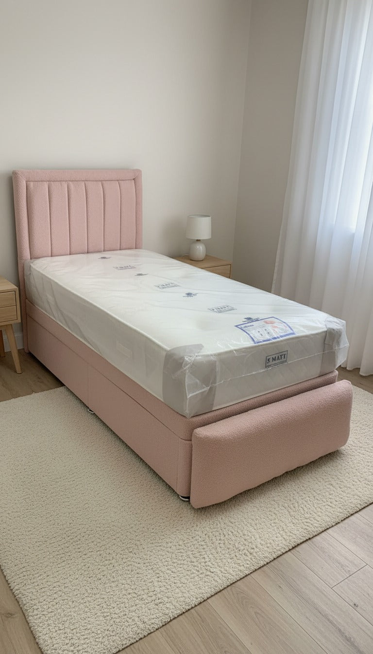 Teddy Boucle Leyla Panel Bed – Side Lift Ottoman Base | Stylish Storage Bed