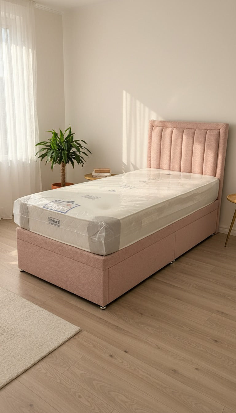 Teddy Boucle Leyla Panel Bed – Side Lift Ottoman Base | Stylish Storage Bed