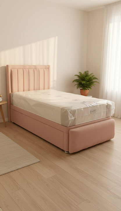 Teddy Boucle Leyla Panel Bed – Side Lift Ottoman Base | Stylish Storage Bed