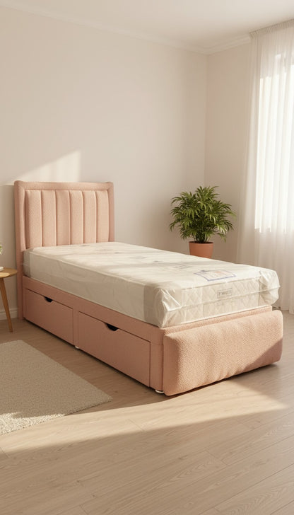 Teddy Boucle Leyla Panel Bed – Side Lift Ottoman Base | Stylish Storage Bed