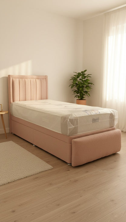 Teddy Boucle Leyla Panel Bed – Side Lift Ottoman Base | Stylish Storage Bed