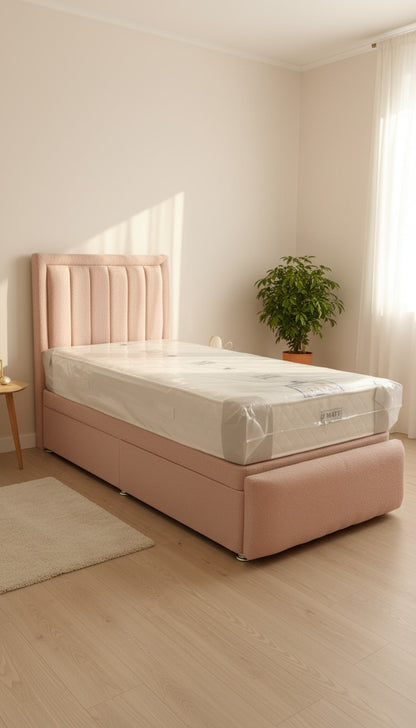 Teddy Boucle Leyla Panel Bed – Side Lift Ottoman Base | Stylish Storage Bed