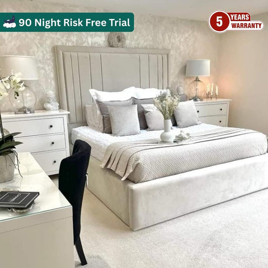 Samiraq Opulent Suite Panel Bed - Luxury Upholstered Bed Frame in Plush 1200 GSM Velvet with Channeled 54-Inch Padded Headboard, 10-Inch Footboard, Optional Gas Lift Storage & Custom Sizes - Free UK Delivery