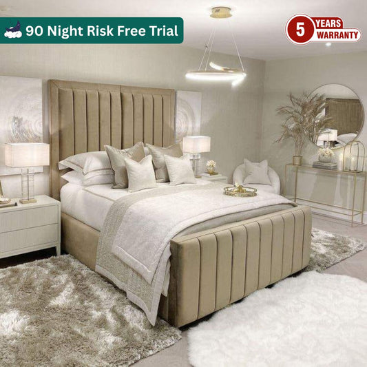 Samiraq Embrace Extra Cushion Panel Bed - Luxury Upholstered Bed Frame in Cream Velvet with 48-Inch Padded Headboard, 24-Inch Footboard, Triple Layer Foam, Optional Gas Lift Storage & Custom Sizes - Free UK Delivery